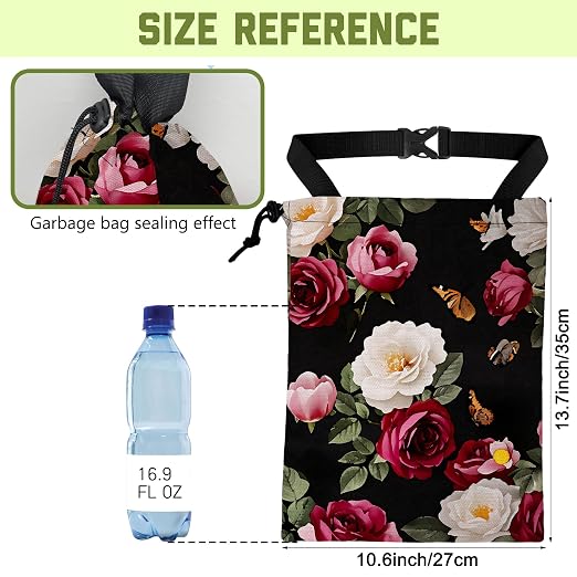Car Garbage Bag Vintage Roses Floral Butterflies Hanging Canvas Car Trash Bag Waterproof Drawstring Car Back Seat Organizer for Car Back Front Seat Console with Adjustable Buckle