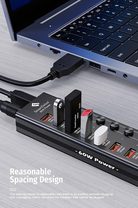 Powered USB 3.2 to Type-A, Type-C Hub, SmartDelux 10Gbps 10 Port Adapter, Individual LED Switches end High-Speed Data Transfer, Power Adapter 60W, USB Extension for Laptop, Flash Drive, PC and More