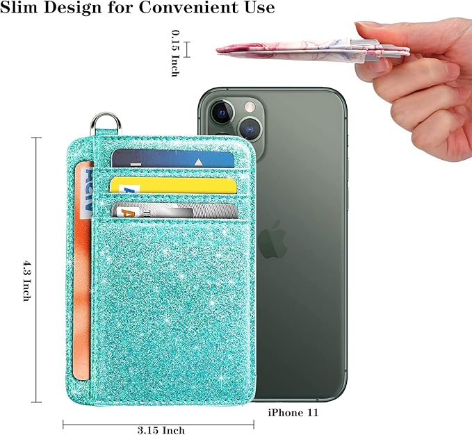 Coco Rossi Slim Front Pocket Wallet RFID ID Card Holder Cute Small Wallet with Keychian for Women,Glitter Teal