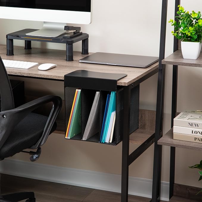 Mind Reader Slide-On Under Desk File Organizer, No Tools Required, Hanging Storage for Laptops, Folders, and Notebooks, Metal, Black