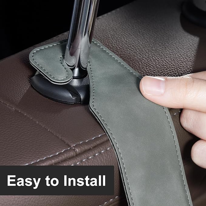 CoBak Headrest Hooks for Car - Universal Premium Stitched Leather and Aluminum-Magnesium Alloy Single Car Seat Back Storage Hook for Purses, Handbags, Bags (2 Pack),Gray