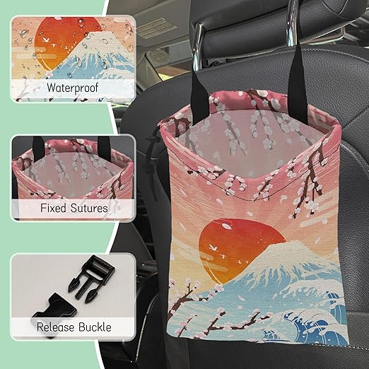 Plum Blossoms Car Trash Bag,Sunrise Hanging Drawstring Car Garbage Bag,Waterproof Canvas Car Back Seat Organizer with Adjustable Buckle,for Vehicles,SUVs,Camping,Road Trips
