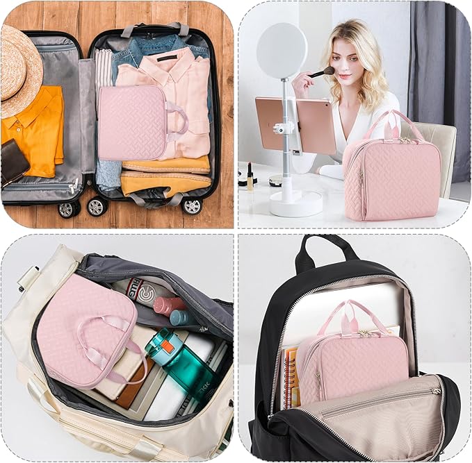 Standing Makeup Bag, Large Capacity with Room for Brushes and Mirror, Travel Makeup Organizer, Portable Stand Up Make Up Case, Waterproof Cosmetic Toiletry Bags with Handle, Color Light Pink
