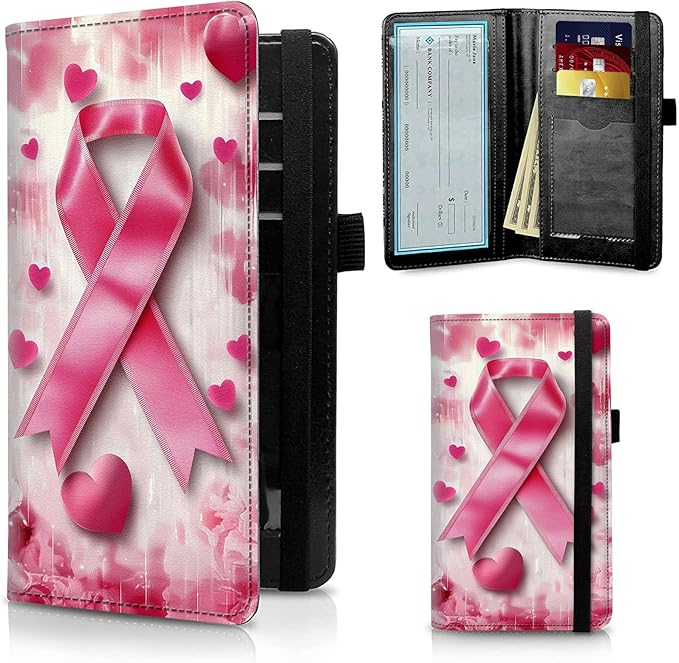 FUYOCWE Checkbook Covers for Personal Checkbook,RFID Blocking Leather Check Book Covers Wallet with Pen Holder & Card Slot for Women -Pink Ribbon Breast Cancer Awareness