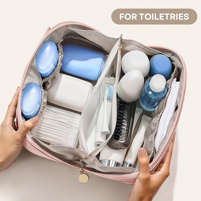 mibasies Flat Lay Open Travel Makeup Bag, Dual-Zipper Diagonal Cosmetic Bag, Large Capacity Waterproof Toiletry Bag for Women