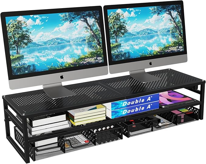 Simple Trending 2 Tier Metal Monitor Stand Riser with USB 2.0 and Charging Prot , Computer Office Desktop Organizer for 2 Monitors with 2 Drawer Storage and Reusable Cable Ties for Printer, TV, Black