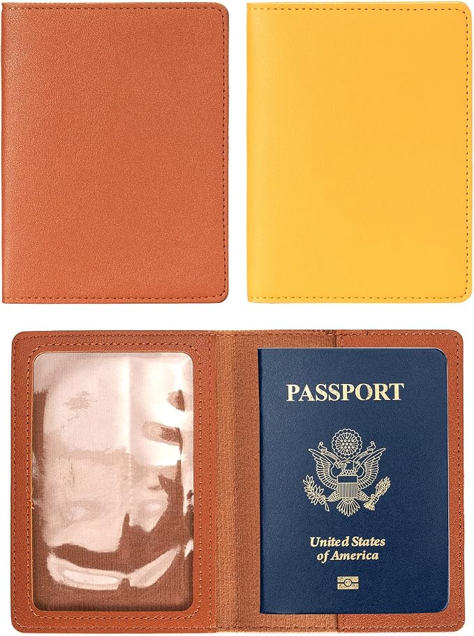 2 Pack Passport covers and Vaccine Card Holder PU Leather Passport Wallet Vaccine Case Protector Slot Travel Passport Wallets for Women & Men (Yellow & Brown)
