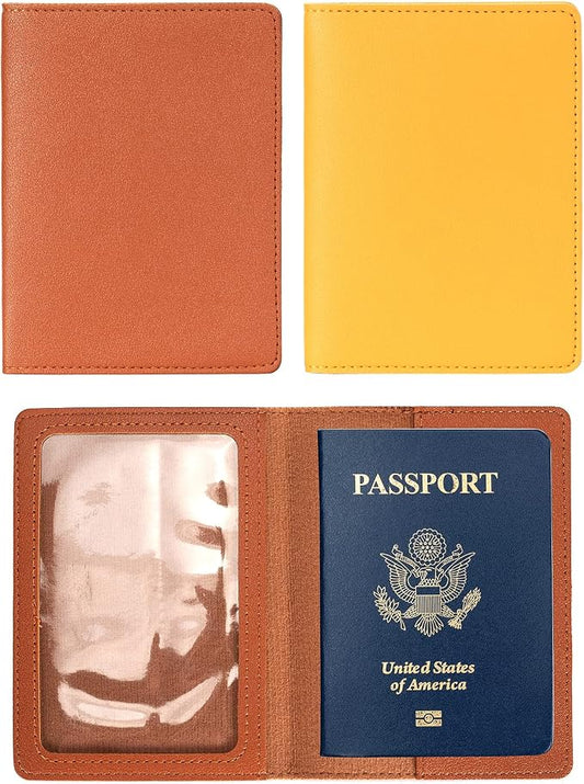 2 Pack Passport covers and Vaccine Card Holder PU Leather Passport Wallet Vaccine Case Protector Slot Travel Passport Wallets for Women & Men (Yellow & Brown)