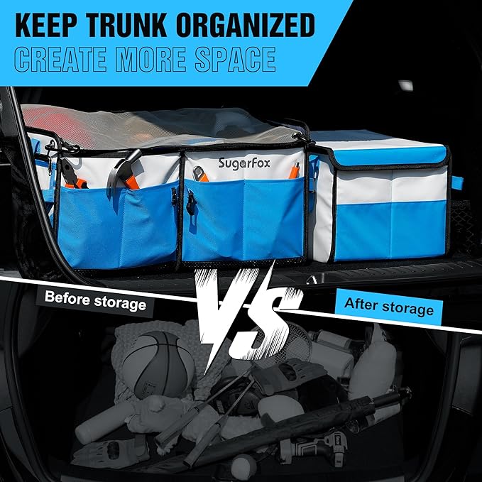 SugarFox Car Trunk Organizer for SUV - 63L+26L Modular Storage, Heavy-Duty, Foldable Waterproof, Soft & Hard Covers, Non-Slip, Multi-Compartment, Blue M006