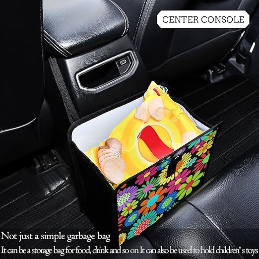 Hippie Flower Car Trash Can Foldable Hanging Car Trash Bag Bin Floral Daisy Colorful Auto Garbage Can Leak-Proof Car Organizer(Large)