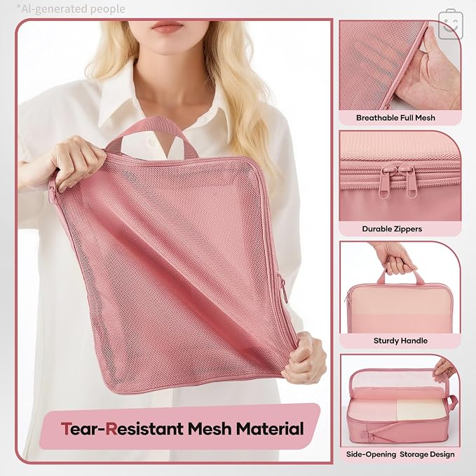Veken 11-Pack Compression Packing Cubes for Travel Essentials,Compressible Expandable Large Luggage Suitcase Organizer Bags for Clothing,Durable Space Saver Bags with Toiletry Bags(Pink)