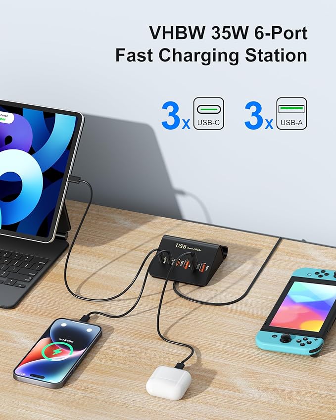 VHBW USB Charging Station 6 Ports, 35W Desktop Fast Charge Station for for Multiple Devices, Multi USB Nightstand Charger Station with Phone Stand (3A3C)