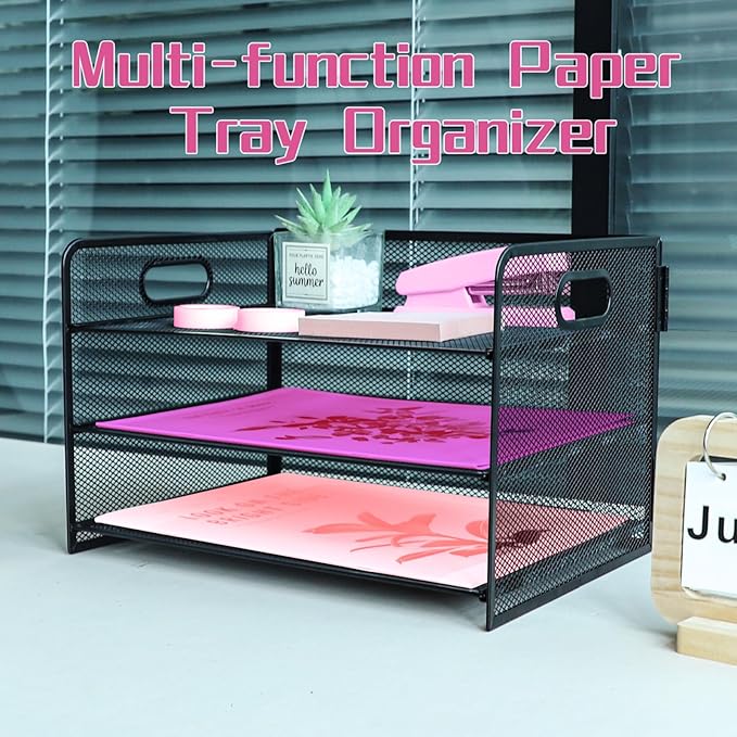 3 Tier Lettrer Tray Organizer with Handle, Metal Mesh Desk File Organizer with Sliding Trays, Paper Sorter Desk for Home Office School, Black