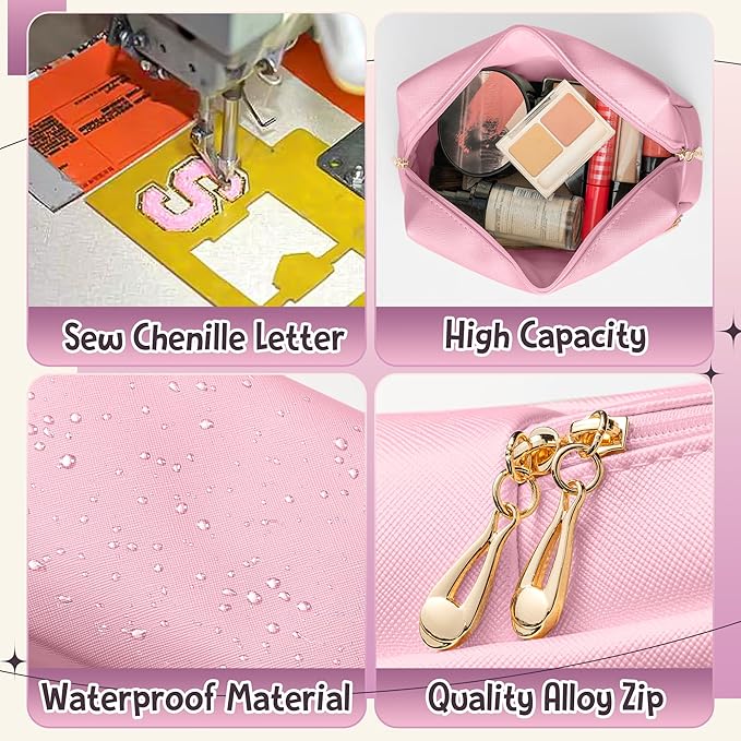 Y1tvei Ballet Cosmetic Bag for Girls - Preppy Patch BALLET Pink Chenille Letter Makeup Bag PU Leather Waterproof Portable Ballerina Makeup Pouch Dance Recital Travel Toiletry for Girl Dancer(Pink)
