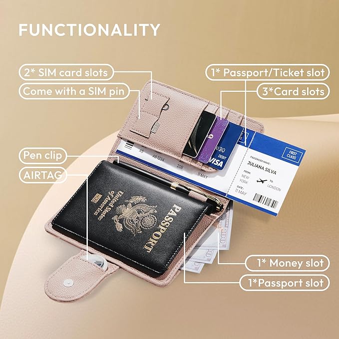 Passport Holder for Travel RFID Passport Holder with Airtag Compact Leather Passport Cover Case with Card Holders SIM Slots Passport Wallet for Women Men Airport Essentials Gift