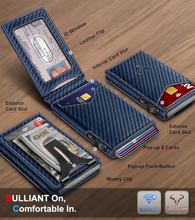BULLIANT Men Wallet,Magnetic Metal Wallet Money Clip 9Cards Pop-up Access RFID Blocking