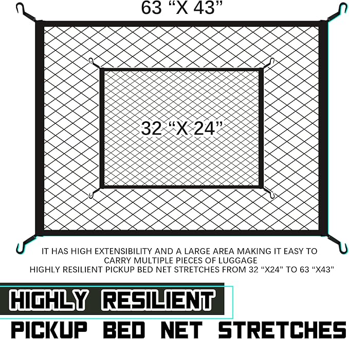 JINGKE Elastic Cargo Net with Fixing Hooks D-Rings Luggage Cover for SUV Rear Trunk Bed Netting Cover ，Net Stretchable Mesh Organizer 32" x 24" Stretch to 63"x43"