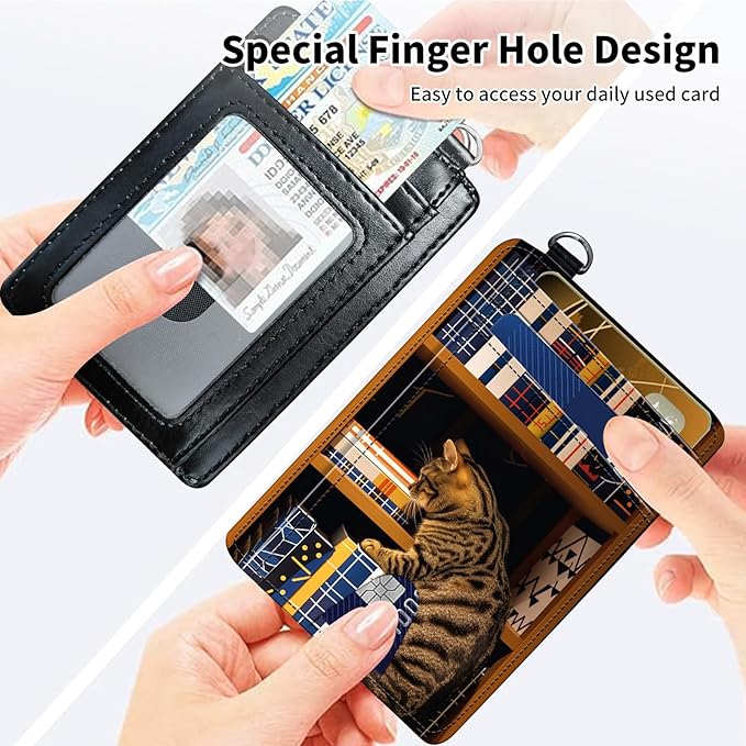 Slim Minimalist Front Pocket Wallet,Credit Card Holder Wallet for Women Men,RFID Blocking Credit Card Holder Case Leather Cute Small Thin Wallet ID Window&Wrist Strap,Bookshelf Cat