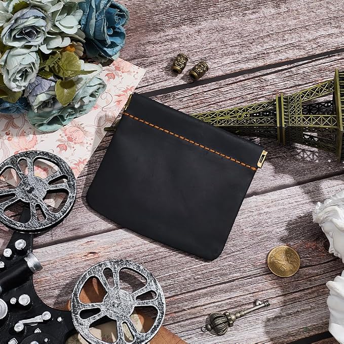 4.72 x 4.02 Inch Genuine Leather Squeeze Coin Purse Pouch Crazy Horse Leather Small Makeup Bag for Purse Snap Closure Organizer Pouch Mini Self-Closing Lipstick Pouchic for Women Men(Black)