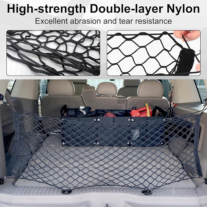 Cargo Net, Premium Dual-Layer Nylon Cargo Net for SUV, Automotive Exterior Accessories, Adjustable Elastic Trunk Net with Hook, Car Accessories for SUV, Truck, Pickup (35.4x15.7 Inch)