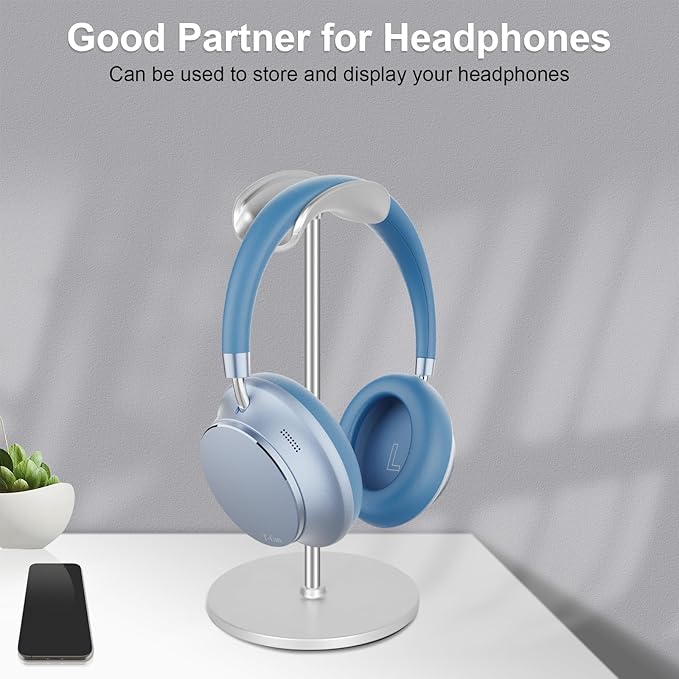T-fun Headphone Stand, Curved Headset Stand with Aluminum Rod ABS Solid Base Gaming Headset Holder for Desk Headphone Accessories for Organization and Display, Silver