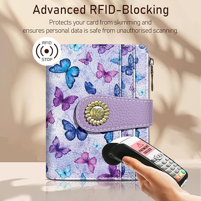 Kelvoris Small Rfid Butterfly Women Wallet Bifold Zipper Coin Pocket PU Leather Compact Cash Credit Card Holder Travel Wallet for Female Ladies Teen Girls 1 ID Window 10 Card Slots