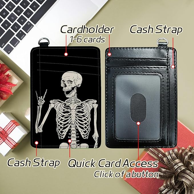 Small Travel Wallets, Skull Skeleton Slim Minimalist Front Pocket Wallet with Wristlet, RFID Blocking PU Leather Credit Card Holder with ID Window Change Purse for Men Women