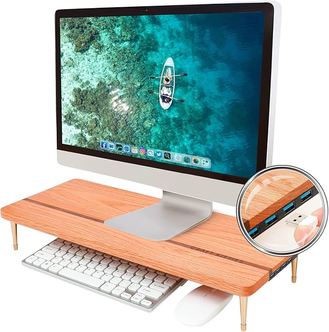 Wood Riser Monitor Stand with USB Ports Computer Stand w/Slot for Tablet & Cellphone Computer Riser w/Big Storage, Dual Monitor Riser for PC, Computer, Laptop, Printer
