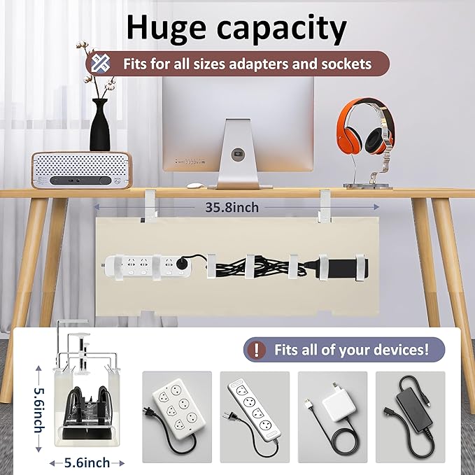 36" Under Desk Cable Management Tray for Home Office, No Drill Cord Organizer for Glass & Wood Table, Anti-Sag Oxford Fabric Wire Management Hider, Fits Surge Protector (Beige, 35.8")