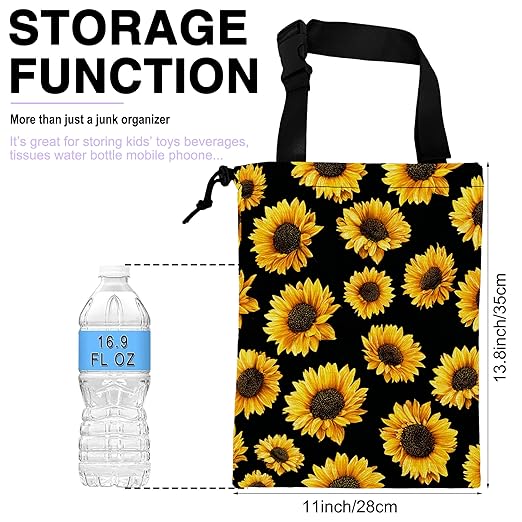 Car Trash Bag Hanging Sunflower Car Trash Can for Back Seat Waterproof Car Trash Bin with Adjustable Straps and Drawstring for Car Accessories Vehicle Travelling Camping