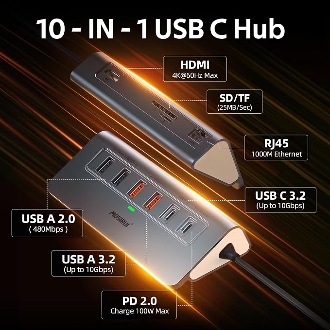 USB C Hub Ethernet,10-in-1 USB C Docking Station with 4K@60Hz HDMI,1Gbps Ethernet, PD 100W,Type C & 2 USB A 3.2 10Gbps, 2 USB A 2.0, SD/TF, Aluminum USB Hub for Laptop,PC, iPhone 17/16,Mac
