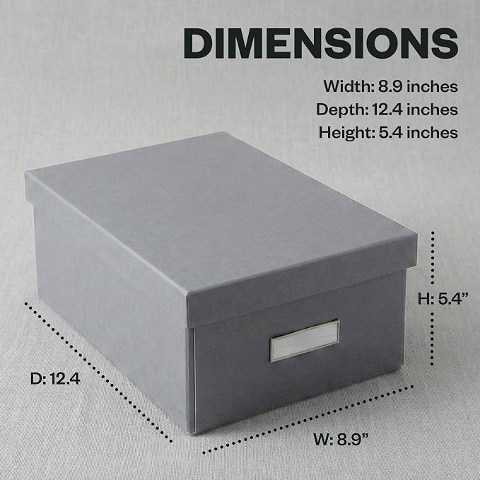 Bigso Karin Collapsible Storage Box - Photo Storage Box with Labelframe for Easy Identification - Simple Assembly Without Tools - Decorative Storage Boxes with Lids - 8.9in x 12.4in x 5.4in - Gray