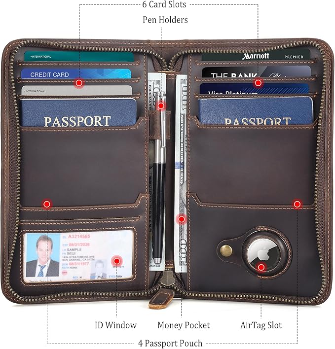 Polare Full Grain Leather Passport Holder Cover Case for Men RFID Blocking Travel Wallet Holds 4 Passports (Dark Brown with AirTag Slot)