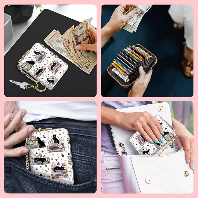 Blusabaca Black Cat Bookish Book Lover Women Credit Card Holder, Cute Small RFID Blocking Zipper Wallet, Keychain PU Leather Card Case, Aesthetic Wallet Female Girls Gift