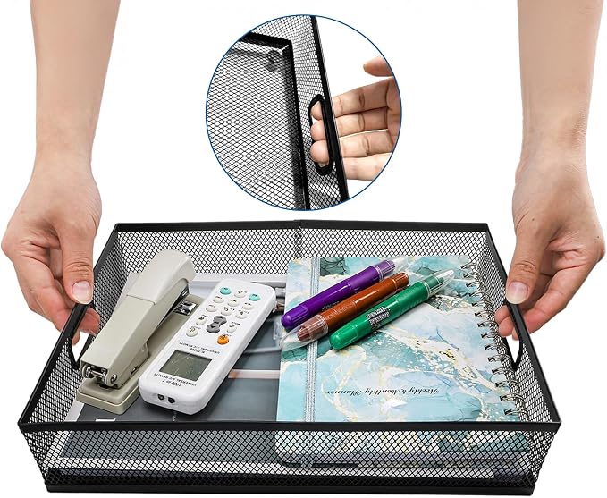 Noamus 3 Pack Office Drawer Organizer, Desk Drawer Divider Tray, Metal Mesh Desktop Basket, 6 Compartments Pen Storage Box for Makeup, Stationery, Office Supplies & Accessories, Kitchen(Black,3 Size)