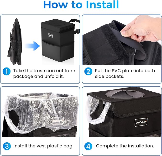 Beicarin Car Trash Can with Lid - Trash Bag Hanging with Storage Pockets Leak-Proof Organizer Collapsible and Portable Waterproof Garbage Bin, 2.2 Gallons Multipurpose Trash Bin for Car