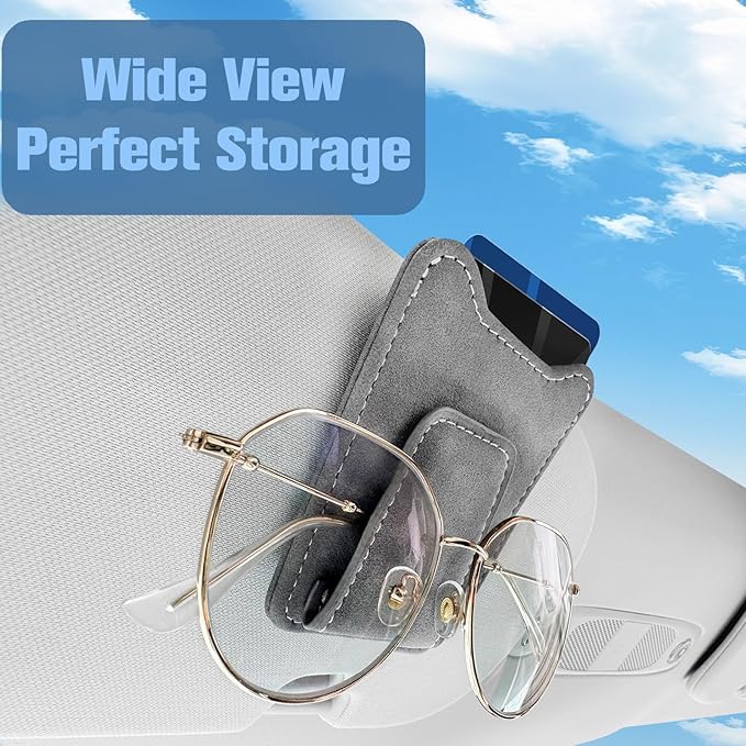 Car Sunglasses Holder - Visor Clip Style & Magnetic Plush Leather Construction Doubles as Credit Card & Fuel Card Box with Storage Pocket &Holds Sunglasses