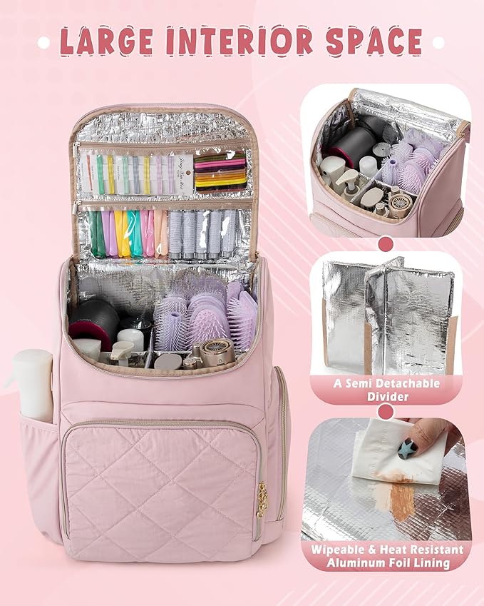 Marscamd Insulated Hairstylist Travel Bag Backpack with Detachable Dividers and Multiple Pockets, Quilted Hair Tool Travel Bag with Multiple Pockets for Hairstylist and Barber, Pink
