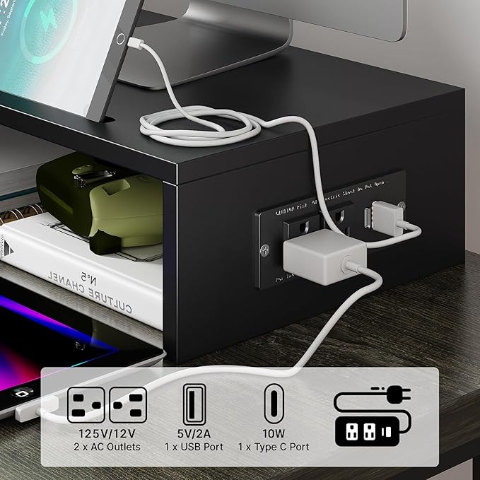 Elephance Dual Monitor Stand with USB Ports,Wood Computer Monitor Stand Riser with Drawer,Adjustable Desk Shelf,Desk Organizer for Computer,Laptop,No Assembly Required,Black