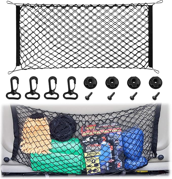 Cargo Net, Premium Dual-Layer Nylon Cargo Net for SUV, Automotive Exterior Accessories, Adjustable Elastic Trunk Net with Hook, Car Accessories for SUV, Truck, Pickup (35.4x15.7 Inch)