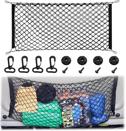 Cargo Net, Premium Dual-Layer Nylon Cargo Net for SUV, Automotive Exterior Accessories, Adjustable Elastic Trunk Net with Hook, Car Accessories for SUV, Truck, Pickup (35.4x15.7 Inch)