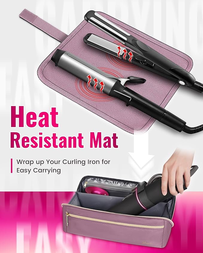 Mancro Hot Hair Tools Travel Bag with Separate Heat Resistant Mat, Large Capacity Wide-open Pouch, Hair Accessories Organizer for Flat Irons, Straighteners, Curling Iron,Dark Pink