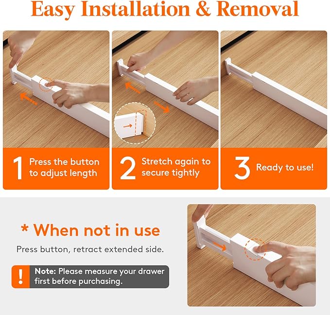 Lifewit 4 Pack 2.36" High Drawer Dividers 28-43.5cm/11-17" Adjustable Drawer Organizer for Clothes/Utensils, Expandable Drawer Separator in Dresser/Kitchen/Bedroom/Office Organization & Storage White