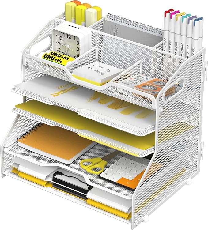 YINGHUA 5 Tier Paper Tray Letter Organizer with Top 6 Adjustable Compartments - Paper Sorter Office Desktop Accessories with Handles for Document,Mail,School Supplies Storage,White