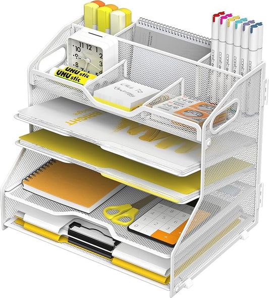 YINGHUA 5 Tier Paper Tray Letter Organizer with Top 6 Adjustable Compartments - Paper Sorter Office Desktop Accessories with Handles for Document,Mail,School Supplies Storage,White