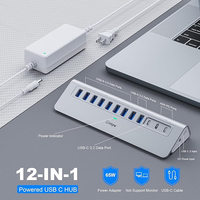 Powered USB Hub 10Gbps, intpw YH9AC 12 Port USB C Hub with 10Gbps USB C 3.2+2 USB A 3.2, 7 USB 3.0, 2 PD 45W Charging Port, 65W Power Adapter + 3.3FT Cable, Aluminum USB Hub for Laptop/iPhone 17/16/PC