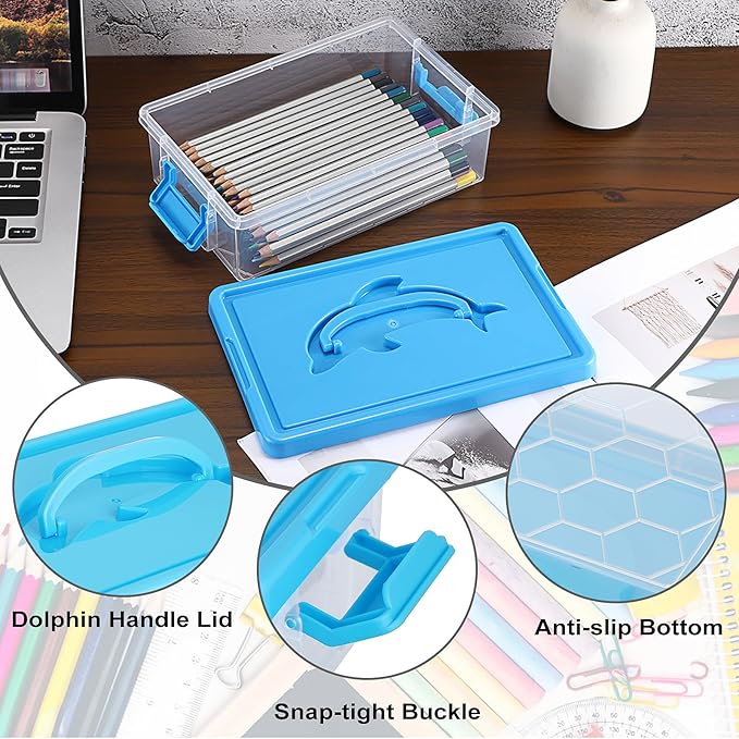 BTSKY 1-Pack Clear Plastic Storage Box with Lid, Stackable Organizer Featuring Easy-Lift Dolphin Design, Multi-Use Portable Container for Home, Craft, Office, Space-Saving with Secure-Clasp, Blue