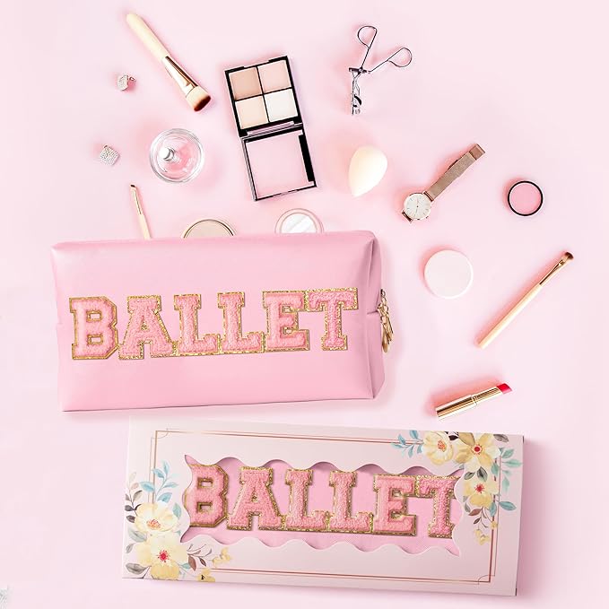 Y1tvei Ballet Cosmetic Bag for Girls - Preppy Patch BALLET Pink Chenille Letter Makeup Bag PU Leather Waterproof Portable Ballerina Makeup Pouch Dance Recital Travel Toiletry for Girl Dancer(Pink)
