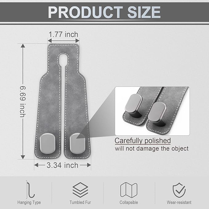 LivTee Headrest Purse Hook for Car, Seat Hook Hangers Storage Organizer for Bags and Coats Holder, Upgrade Leather Double Hook and Mobile Phone Holder for Universal Vehicle Car Accessories (Grey)