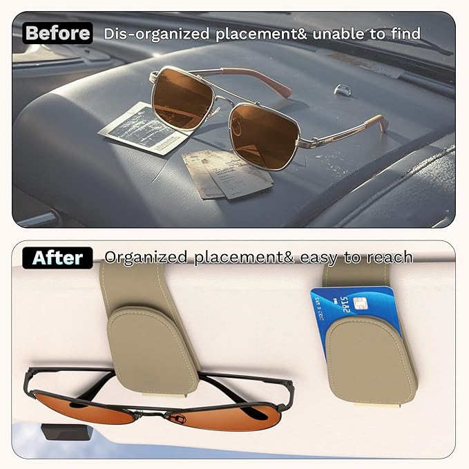 BFXM Sunglass Holder for Car, Sunglasses Holder Eyeglass Hanger Clip Magnetic Leather for Car Visor, Cars Sun Visor Ticket Card Clip